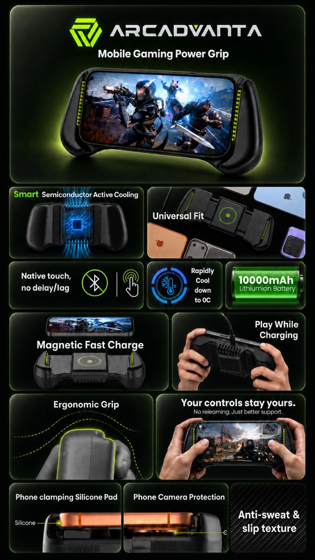 Arcadvanta cooling, charging, native touch, grip, compatibility and protection features